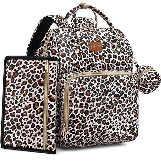 Diaper Bag Backpack with Changing Pad, Pacifier Case, Baby Bag for Boy Girl Toddler - Large, Stylish, Waterproof Travel Quilted Diaper Bag for Mom - Baby Shower - Cheetah