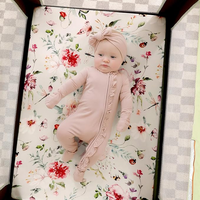 GRSSDER Fitted Pack and Play Sheets Set 3 Pack, Stretchy Ultra Soft Jersey Knit Portable/Mini Crib Sheets for Girls, Universal Fit for Pack N Plays Safe and Snug, Stylish Floral Pattern