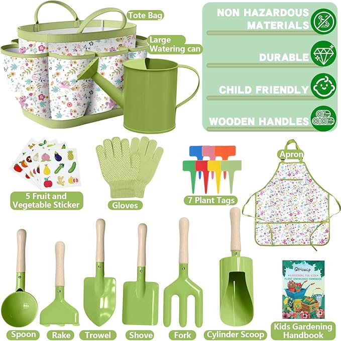 Kids Gardening Set 14Pcs Gardening Tools for Kids with Tote Bag,Watering Can, Shovel, Apron, Garden Book and More Educational STEM Learning Outdoor for Toddlers Boys Girls (Green-1)