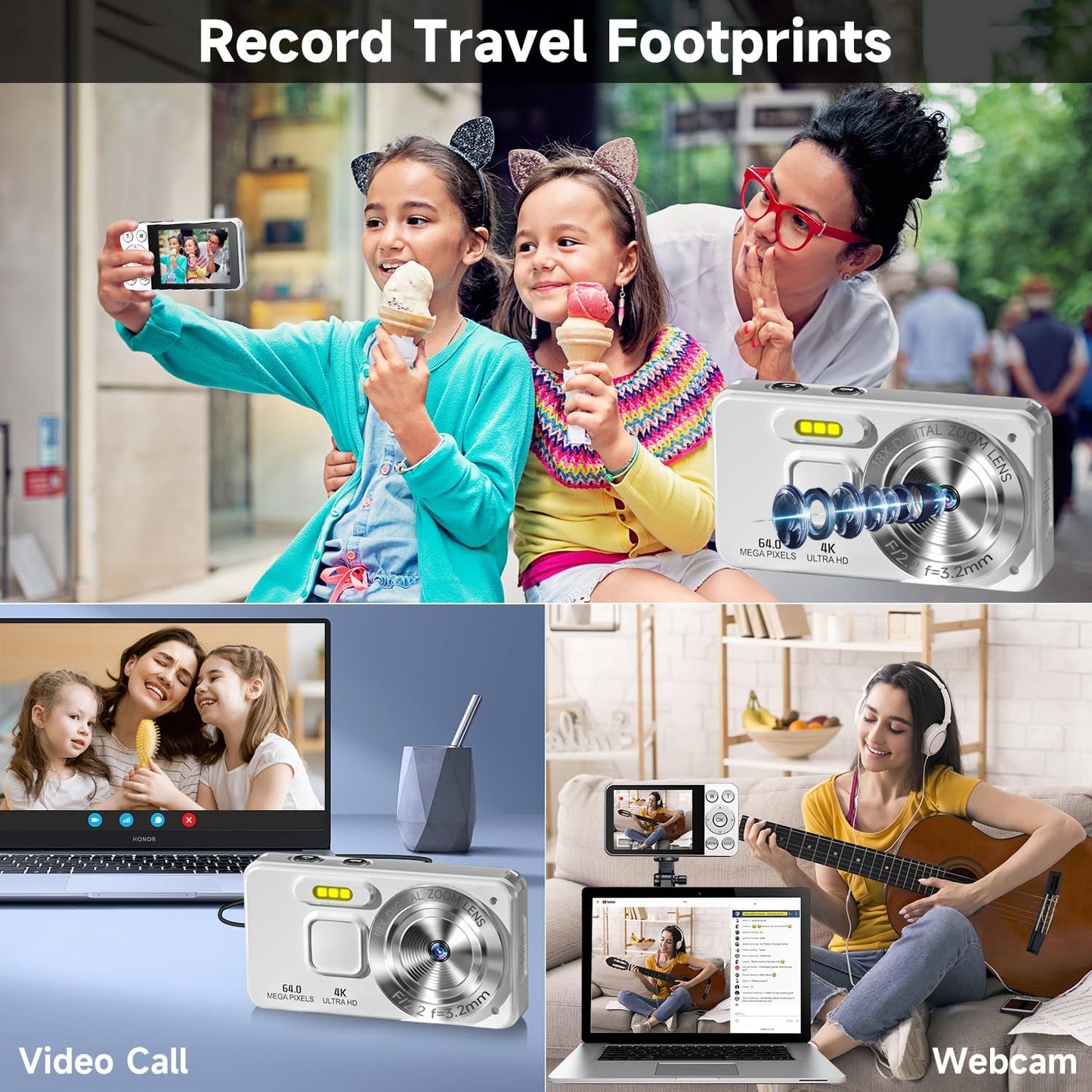 Digital Camera, Autofocus 4K 64MP Point and Shoot Digital Cameras for Teens with 64GB Card, 18X Zoom Anti-Shake Compact Video Camera for Student Kids Boys Girls Beginner - White