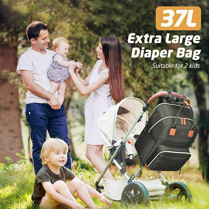 Diaper Bag Backpack - Extra Large Diaper Bag for 2 Kids Twin, Travel Baby Bags for Mom Dad 25-37L Expandable with Changing Pad Earphone Hole, Solid Green