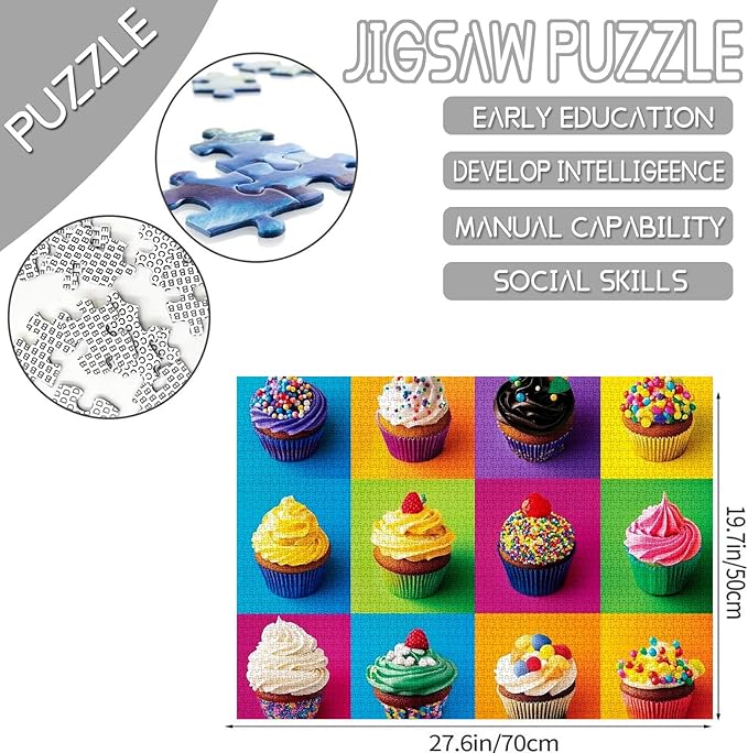1000 Piece Jigsaw Puzzles for Adults Colorful Cute Cupcakes Jigsaw Puzzle Flower 1000 Pieces Puzzles Game Sweet Donut Dessert Wall Decor DIY Craft Puzzle Different Decorations Cupcakes Art