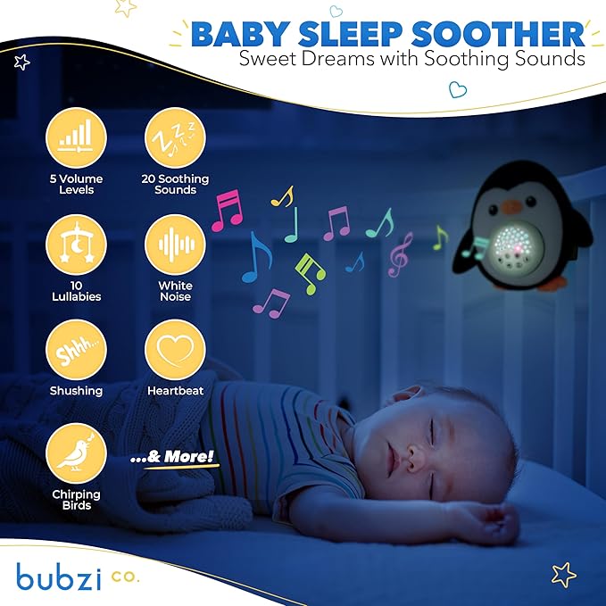 Bubzi Co Sound Machine & Shusher, Portable Penguin Soother & Night Light Projector, White Noise Sleep Aid for Infants & Toddlers