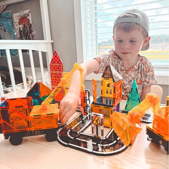 106PCS Magnetic Tiles Road Construction Set - STEM Magnet Building Blocks with Excavator & Crane - Educational Toys Games for Kids Ages 3-12 - Toddler Toys Gifts for Boys and Girls