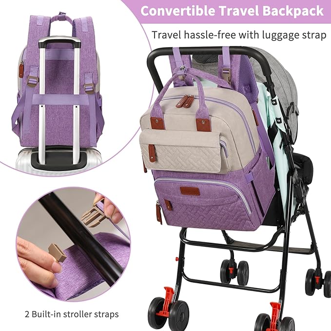 Diaper Bag Backpack, Large Unisex Baby Bags for Boys Girls, Purple Baby Nappy Diaper Bag, Multipurpose Travel Back Pack for Moms Dads with Insulated Pockets and Stroller Straps