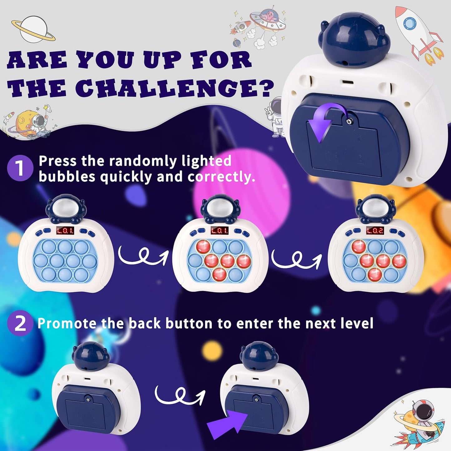 Upgraded Quick Push Game Pop Bubble Up Toys for Kids, Funny Toys with LED Screen for Kids 3-12 for Boys and Girls Bubble Stress,Handheld Puzzle Game Sensory Toys(Batteries Included)(Astronaut)