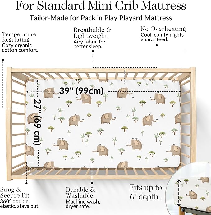 100% Organic Cotton Mini Crib Sheets (3-Pack) - GOTS Certified - Breathable Pack n Play Sheets Fitted - Double-Elastic for Secure Fit, Extra Protection for Your Baby - Gender-Neutral Prints (27"x39")