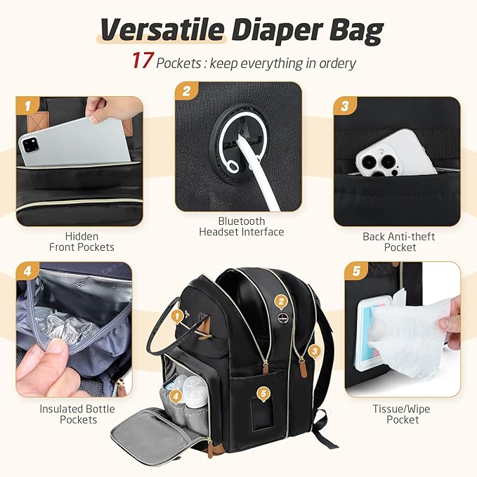 Diaper Bag Backpack - Extra Large Diaper Bag for 2 Kids Twin, Travel Baby Bags for Mom Dad 25-37L Expandable with Changing Pad Earphone Hole, Solid Black