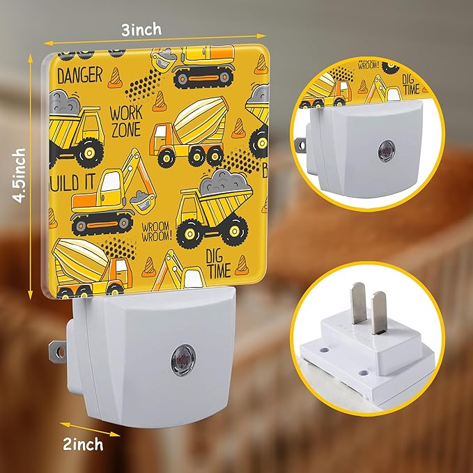 Cartoon Yellow Truck Night Light,Excavator Tractor Cement Mixer Plug-in Night Light Auto Dusk-to-Dawn Sensor Energy Efficient LED Lamp for Room Decor,Hallway,Kitchen,Bathroom,Nursery,Stairs