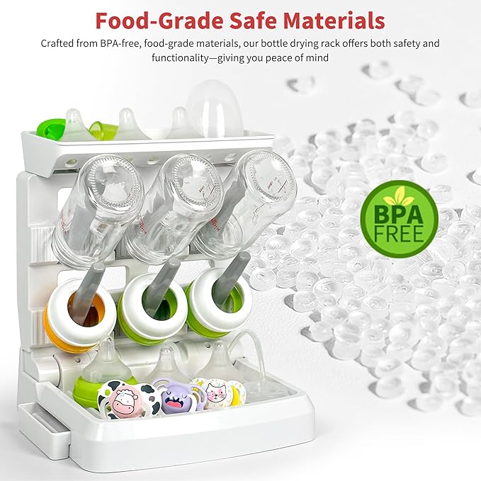 Baby Bottle Drying Rack for 6 Bottles, Vertical Cup Drying Holder, Space Saving Countertop Standing Bottle Dryer Rack for Baby Accessories & Pump Parts (Small White&Grey)