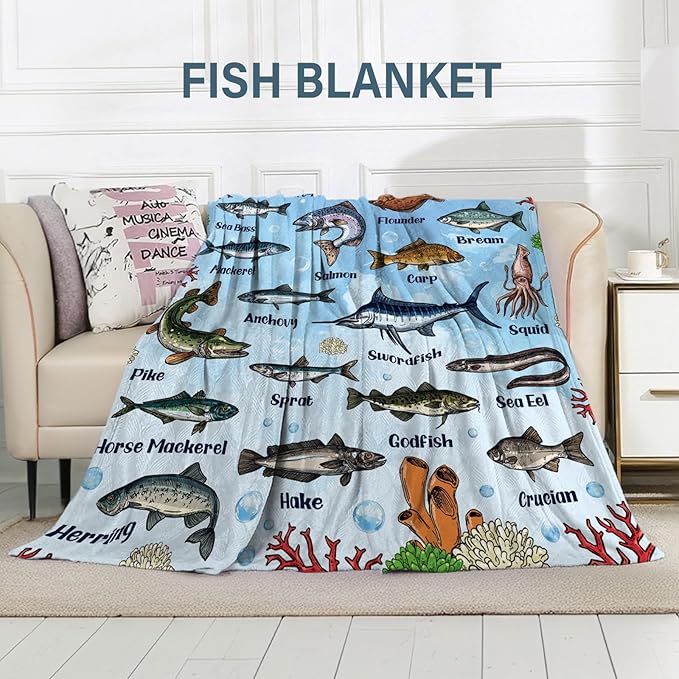 Fish Blanket Gifts for Fish Lover, Fishing Gifts for Men Boys, Fishing Decor, Soft Throw Blanket, Birthday Christmas Thanksgiving Gifts for Aquarium Lovers, 50" X 60"