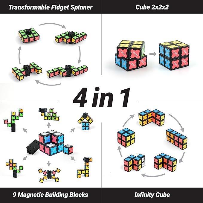 TOSY Magnet Fidget Spinner Mini - 8 Blocks, 3 in 1 Toy: Transformable Fidget Spinner, Infinity Cube, 2x2 Puzzle Cube, Stress Relief, STEM Magnet Tiles Birthday Gift for Kids/Boys/Girls/Adults, 4-Pack