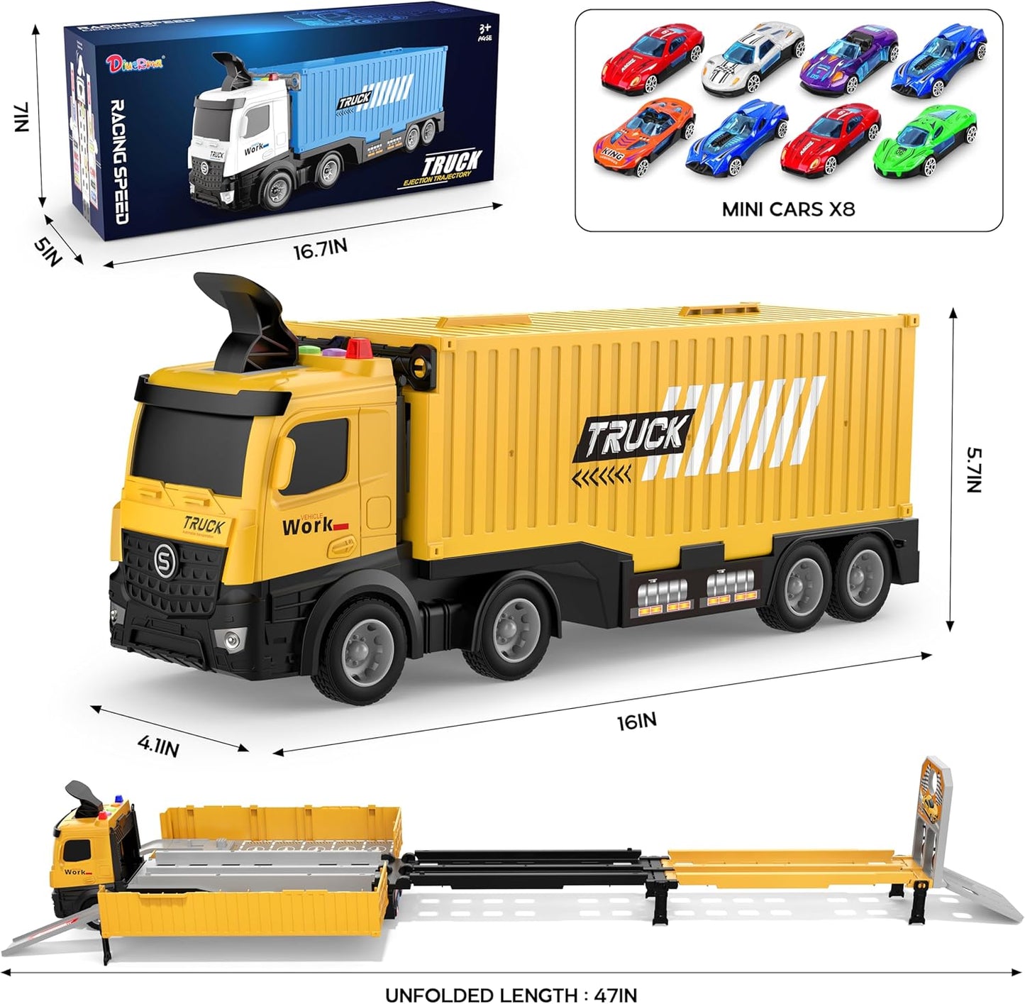 Carrier Truck Race Track Kids Toys, Foldable 3 Layer Toddler Track Playset, Toy Truck Transport Car Carrier & 8 Race Cars, Truck Car Toddlers Toys B-Day Gifts for Age 3 4 5 6+ Years Old Boys Girls