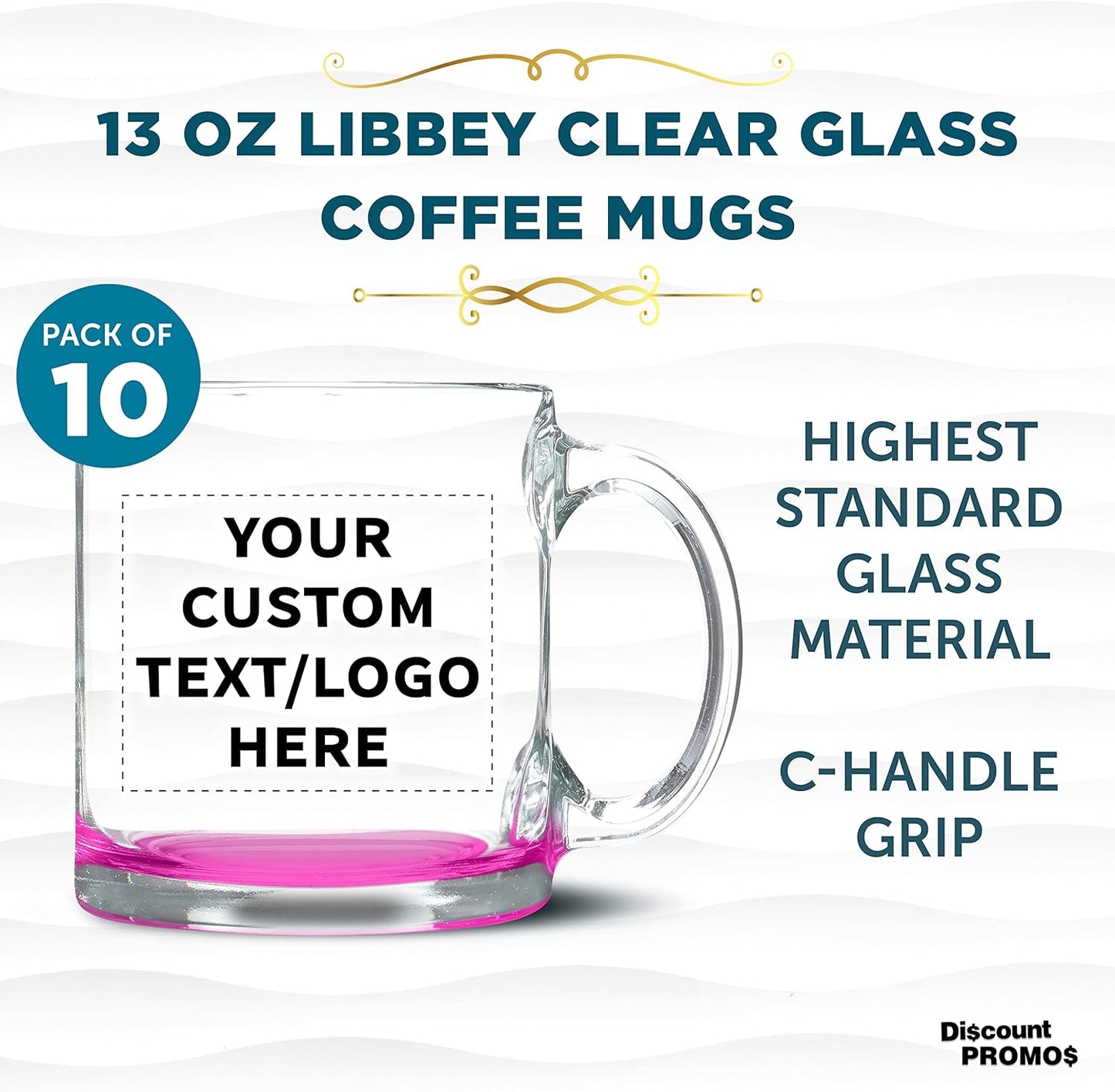 Custom Libbey Clear Glass Coffee Mugs 13 oz. Set of 10, Personalized Bulk Pack - Perfect for Coffee, Tea, Espresso, Hot Cocoa, Other Beverages - Pink Bottom