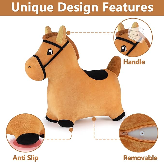 iPlay, iLearn Bouncy Pals Brown Hopping Horse, Toddler Plush Animal Hopper Toy, Kids Inflatable Ride on Bouncer W/Pump, Indoor Outdoor Jumper, Birthday Gifts for 18 24 Months 2 3 Year Old Boys Girls