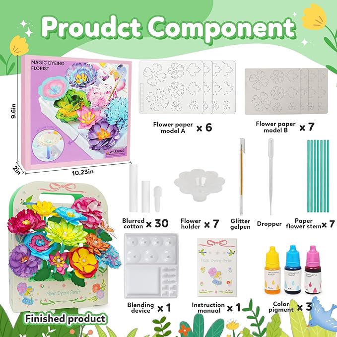 Paper Flower Science Kit, Kids DIY Arts and Crafts Color Changing Flowers Set, Flower-Dyeing Science Kits for Kids Age 8-12, Magic Flowers Paper for Girls 6 7 8 9 10 11 yr Christmas Birthday Gift
