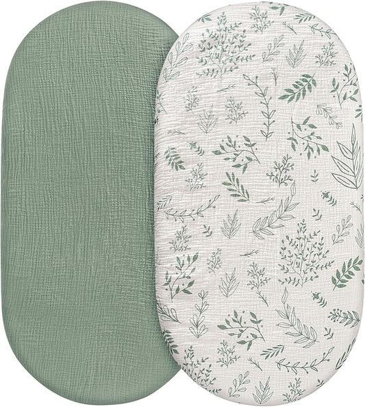 Muslin Bassinet Fitted Sheets, 2 Pack for Baby Boy and Girl, Soft Breathable Stretchy Baby Pad/Mattress Sheet Set, Universal Fit for Hourglass Oval and Rectangle Bassinet Mattress (Natural Leaves)