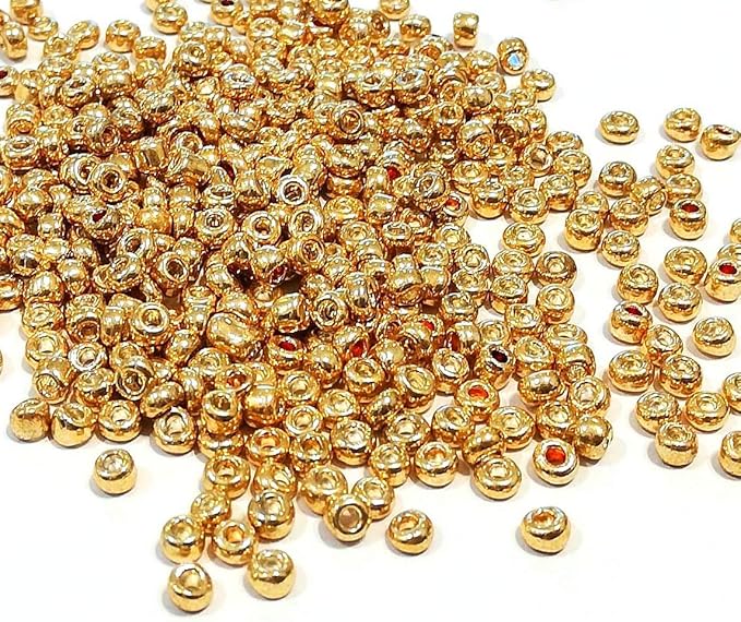 Perlin Glass Seed Beads 4mm 6/0 Round Mini Small Pony Spacer Beads 1100pcs for Jewelry Making Earrings Bracelets Pendants Waist DIY Handmade Metallic Color Kit (Gold)
