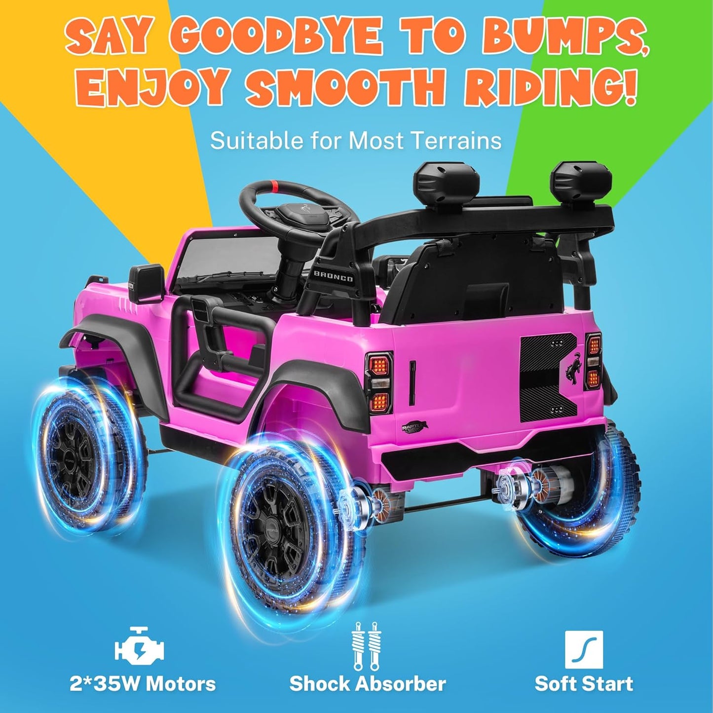 ENYOPRO 12V Ford Bronco Raptor Ride On Car for Kids, Electric Power Car Ride-On Toy for Toddlers w/Remote Control, 4 Wheels Spring Suspension, Bluetooth Music, Radio, LED Lights, 2 Speed (Pink)