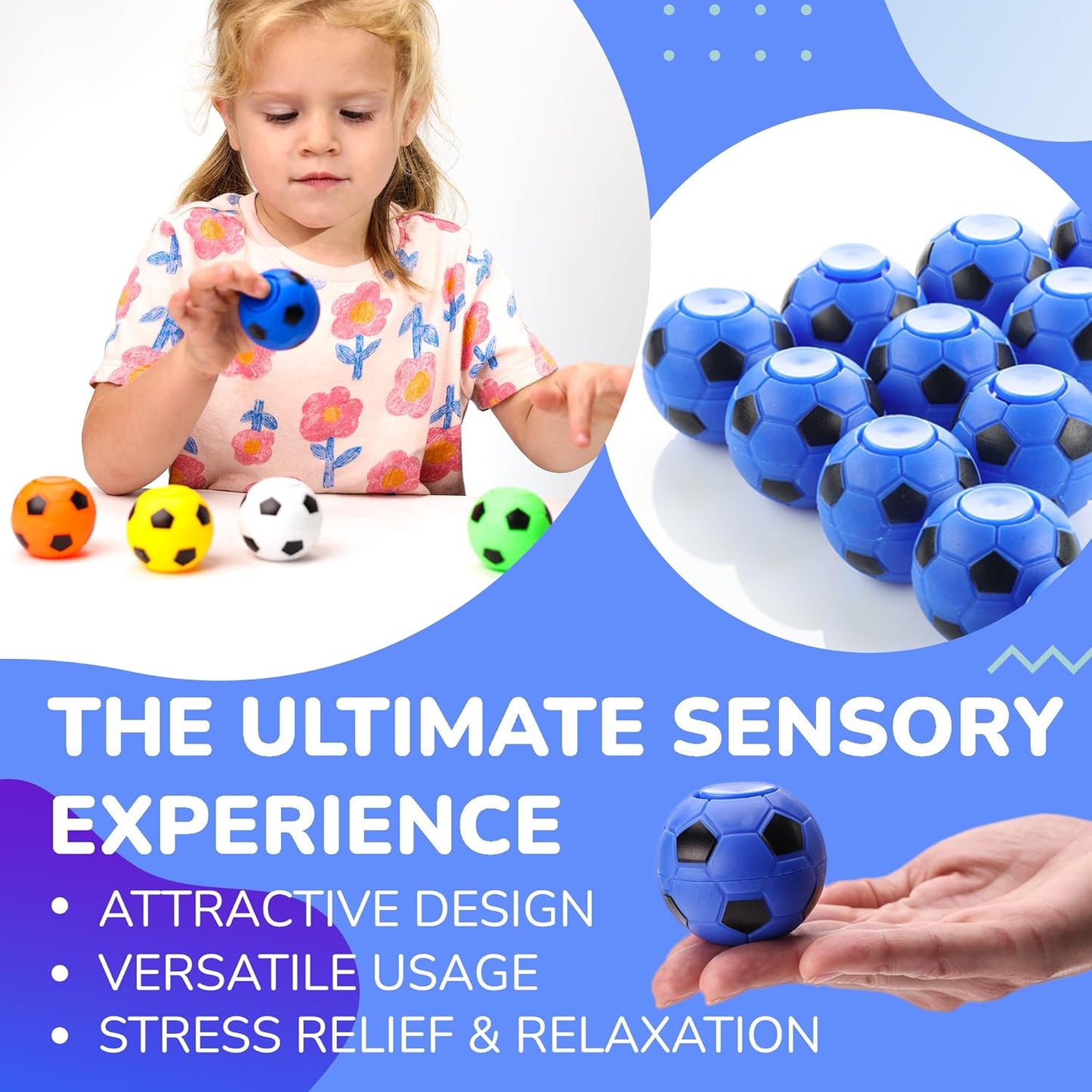 Entervending Fidget Spinners - 2 Inch Stress Balls - 12 Pcs Soccer Party Favors - Blue Mini Fidget Spinners - Classroom prizes - Fidget Spinners for Kids - Easter Basket Stuffers