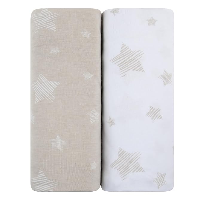 Ely's & Co. Bassinet Sheet Set 2 Pack 100% Jersey Cotton for Baby Girl and Baby Boy - Tan Drawn Star Design