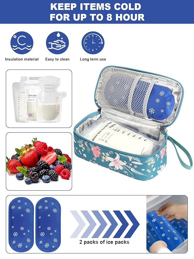 YOUSHARES Breastmilk Cooler Travel Bag with Digital Thermometer, Small Insulated Baby Milk Storage with 2 Ice Packs, Daycare and On-the-Go Moms （Lily）