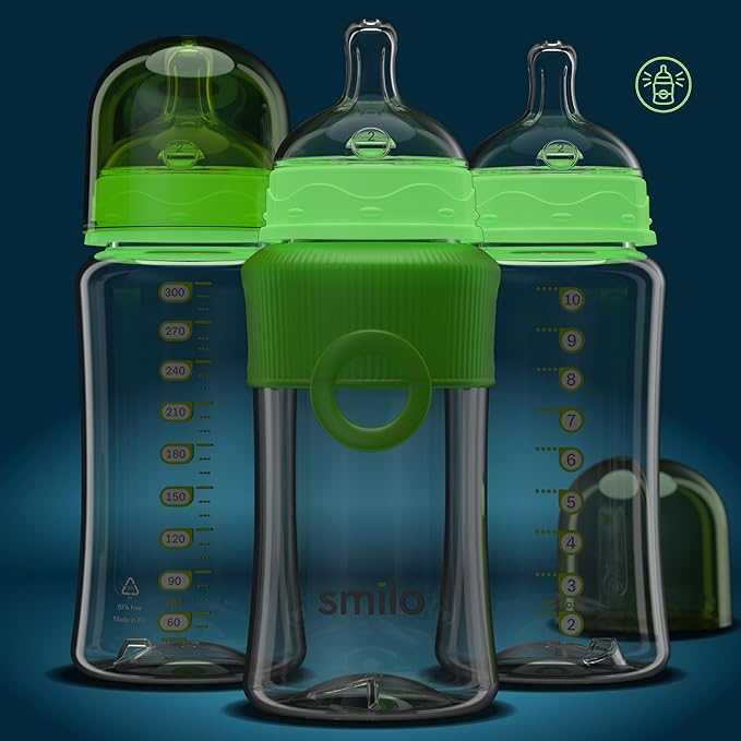 Smilo Baby Bottle Set with Stage 0 Slow Flow Anti Colic Nipple, 10 Oz / 300 ml Capacity, 3X Pack of Anti Colic Baby Bottles 0-3 Months - Glow in The Dark