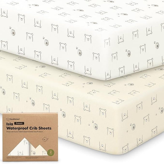 2-Pack Waterproof Baby Crib Sheets for Boys, Girls - 52x28 Viscose Derived from Bamboo Toddler Bed Sheet Neutral, Fitted Crib Mattress Protector Cover for Baby Bedding, Soft & Gentle (Bumble Bear)
