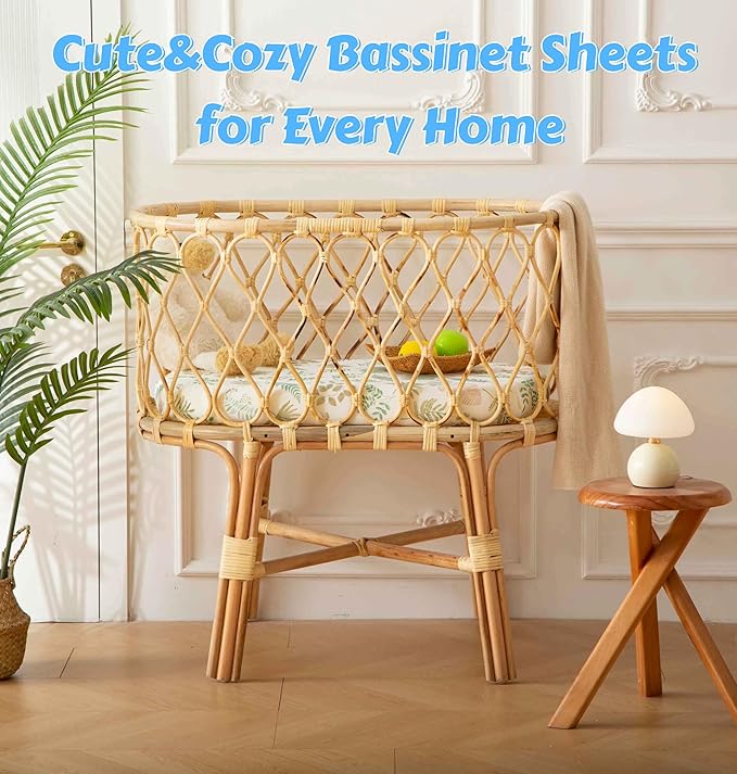 SDY 2PK Bassinet Sheets Girls Boys,Soft Microfiber Jersey Baby Bassinet Bedding 32"x16" x4" Fit Hourglass Oval Rectangle Mattress (Natural Leaves)
