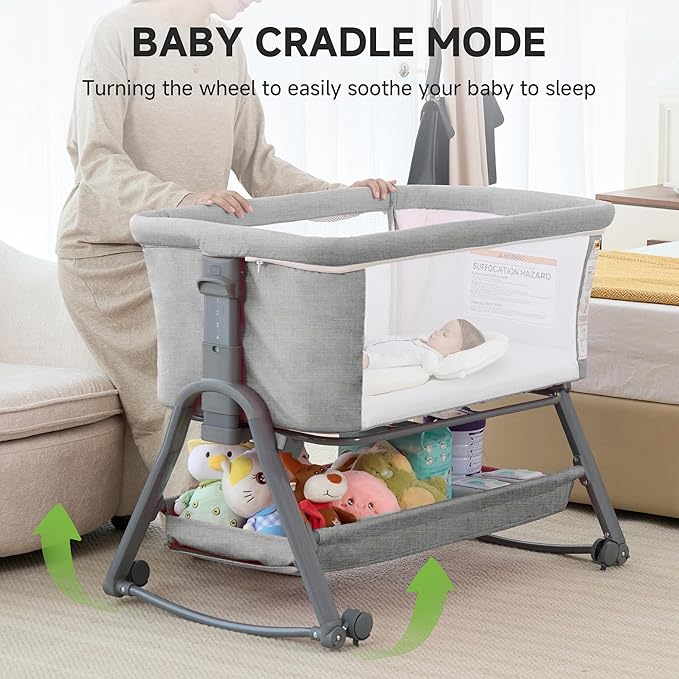 Real Relax Baby Bassinet Bedside Sleeper, 3 in 1 Bedside Rocking Bassinet for Baby with 6 Adjustable Height, Breathable Mesh Sides & Mattress, Storage Basket, Mosquito Nets, Easy to Fold, Grey