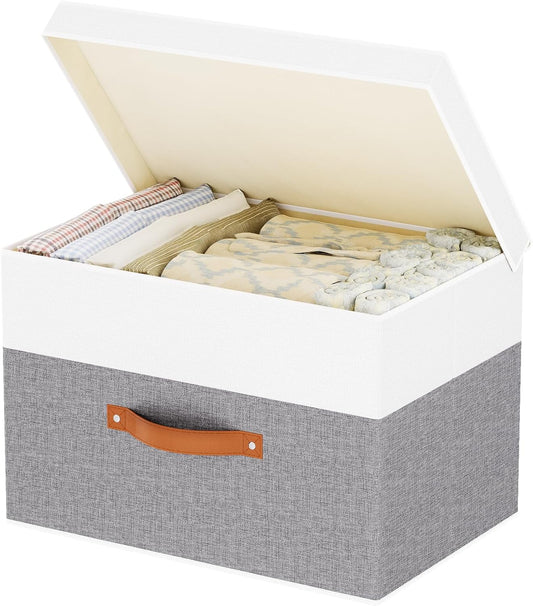 Fabric Storage Boxes with Lids, Linen Foldable Cloth Baskets, 17.7 x 11.8 x 11.8 Inch Closet Organizer Containers with Double Handles, Sweater Bins for Bedroom, White and Grey, 1 Pack