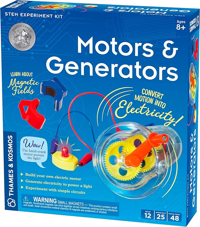Thames & Kosmos Motors & Generators Science Kit | 25 Guided STEM Experiment Lessons | 48 Page Color Student Guide | Grades 3-6 | Ages 8+ | Play & Learn | Parents' Choice Silver Award Winner