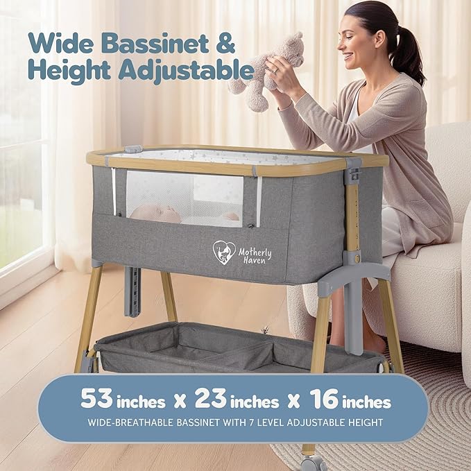 Baby Bassinet Bedside Sleeper, Portable Crib for Newborns, Adjustable 7-Height Auto-Lock, with Wheels, Soft Mattress & Breathable Mesh (Light Grey)