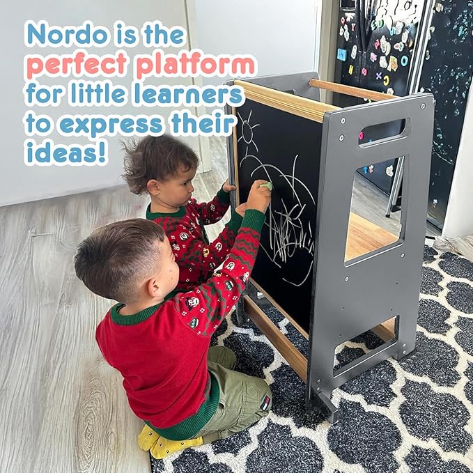 Toddler Kitchen Stools Helper with Adjustable Height and Anti-Slip Protection, Kids Standing Tower with Safety Rail, Kids Montessori Stool with Learning Chalkboard, Gray