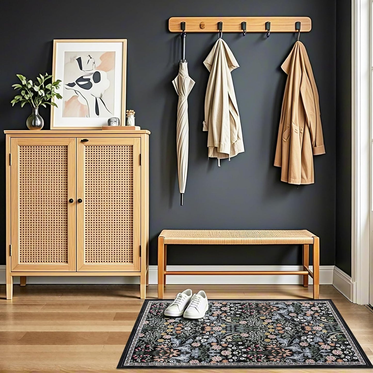 Entryway Rug 2X3 Small Rugs: Floral Washable Door Mat Vintage Soft Low Pile Non-Slip Kitchen Rugs Stain Resistant Indoor Throw Rug for Entrance, Bedroom, Kitchen, Laundry, Bathroom Dark Black