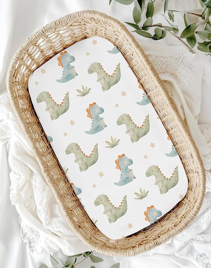 Bassinet Sheets for Baby Girls Boys 2 Pack, Fitted Baby Mattress Sheet for Rectangle, Oval, Hourglass Bassinet Mattress, Breathable Cozy & Universal Fit (Tiny Dinos)