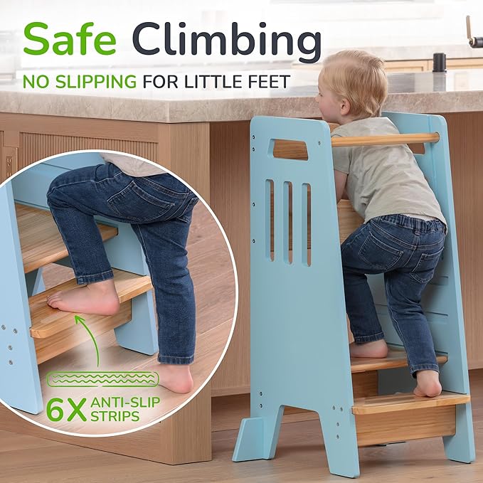 OCODILE Toddler Tower with a Sliding Door and 3 Adjustable Heights - Complete Toddler Kitchen Stool Helper with Support Feet - Safe Design for 18+ Months to 6-Year-Old Kids - Blue