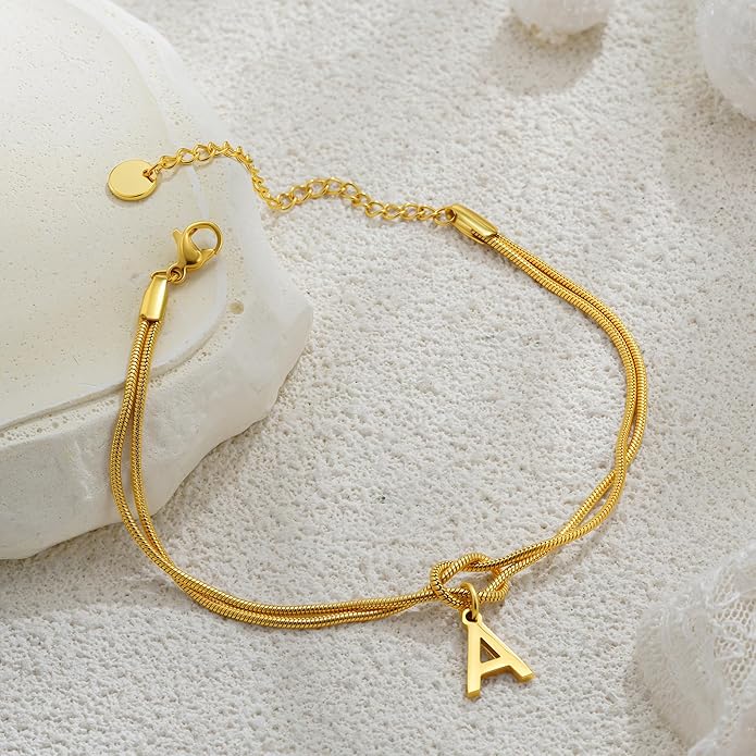Gold Initial Bracelets for Women Girls - 18K Gold Plated Knot Initial Bracelet Teen Girl Gifts Trendy Stuff Dainty Gold Bracelets for Women Girls Jewelry Gifts
