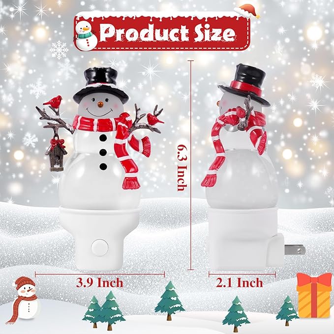 2 Pack Christmas Snowman Night Light Plug into Wall Glitter Water Nightlight with USB/Outlet Options, Christmas Decorative Nightlight for Bedroom Kitchen Holiday Decorations Gifts (Snowman)