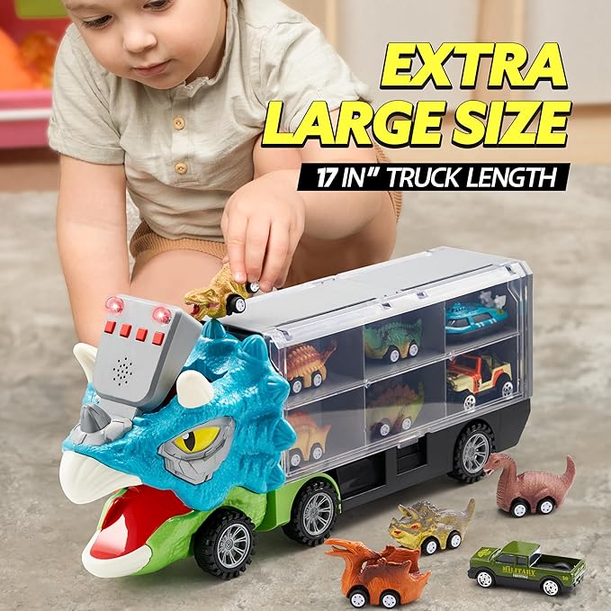 JOYIN 13 in 1 Dinosaur Toys for Kids 3-5, Triceraptor Dinosaur Truck with 12 Pull Back Cars, Birthday Gifts Toys for 3 4 5+ Year Old Boy, Transport Carrier Truck for Toddlers 3-4 Years