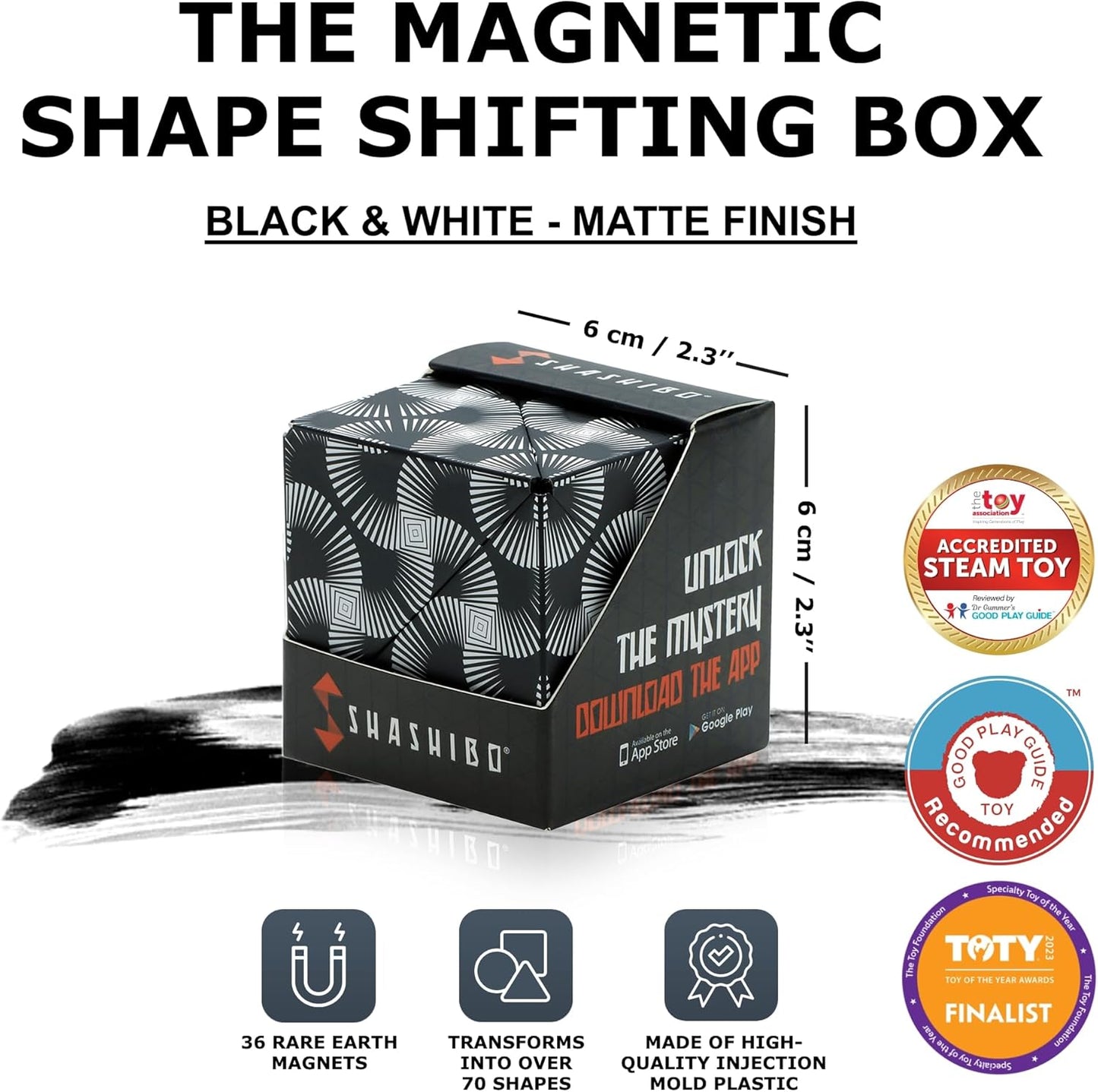 Shashibo Shape Shifting Box - Award-Winning Fidget Toy w/ 36 Rare Earth Magnets - Fidget Cube Transforms Into Over 70 Shapes, Sensory Toy Gift for Kids, Teens, and Adults (Black & White)