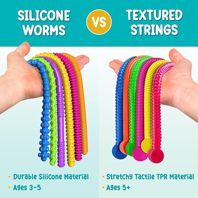 BUNMO Stretchy Strings - Sensory Toys - Stimulating & Fun Sensory Toys for Kids - Fidget Toy - Hours of Fun for Kids - Non-Mouthable Toy 3+ - Textured 6 Pack