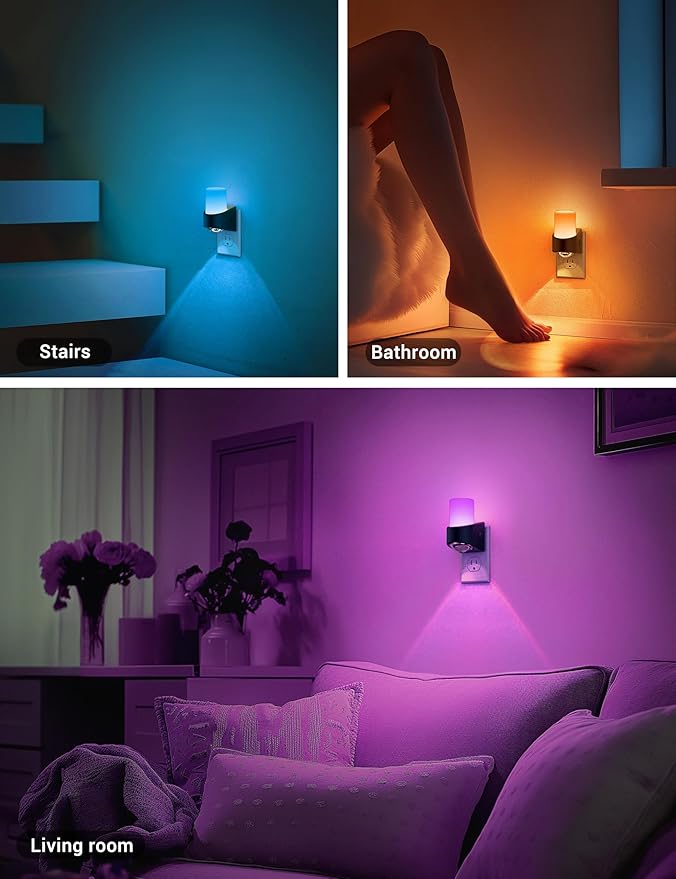 JandCase LED Night Lights Plug into Wall, Color Changing Night Light with Dusk to Dawn Light Sensor, RGB Night Light for Kids, Color LED Nightlight for Bedroom Bathroom Kids Room