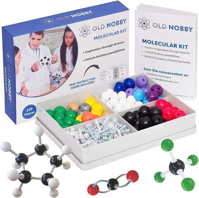 OLD NOBBY Organic Chemistry 239 Piece Model Kit - Molecular Model Kit with Atoms, Bonds, Instructional Guide, Bond Removal Tool, and Bonus Molecular Stencil