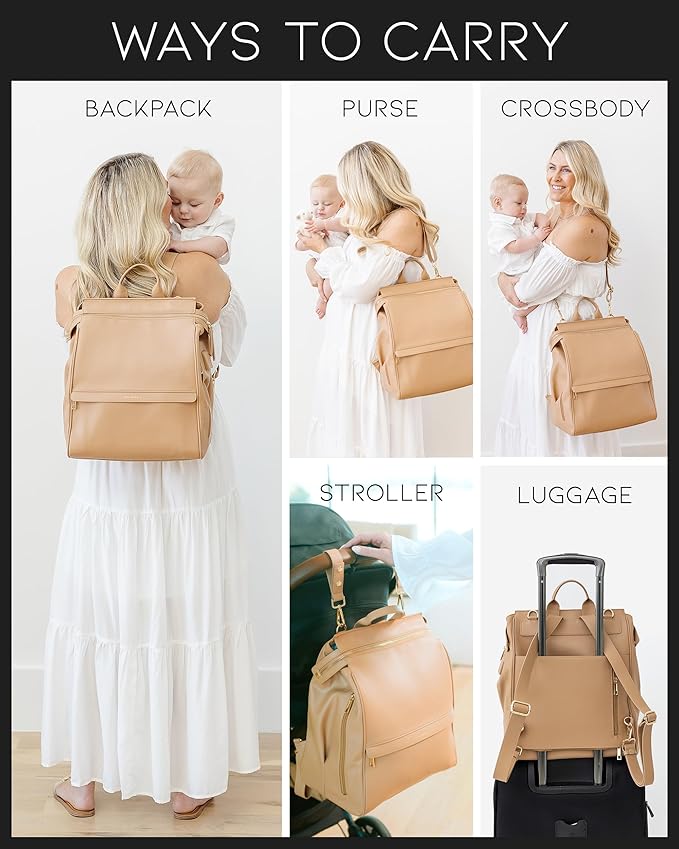 MIA + SOPHIA Leather Diaper Bag Backpack with USB Charging Port, Changing Pad, Stroller Straps, Bottle Holder (Brown Sophia)