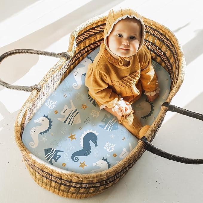 Yoofoss Bassinet Sheets for Baby,3-Pack Fitted Bassinet Sheets Set Compatible with Halo Bassinest Swivel Sleeper,Baby Delight,Angelbliss,Soft Breathable Bassinet Mattress Sheets (Blue+Seahorse)