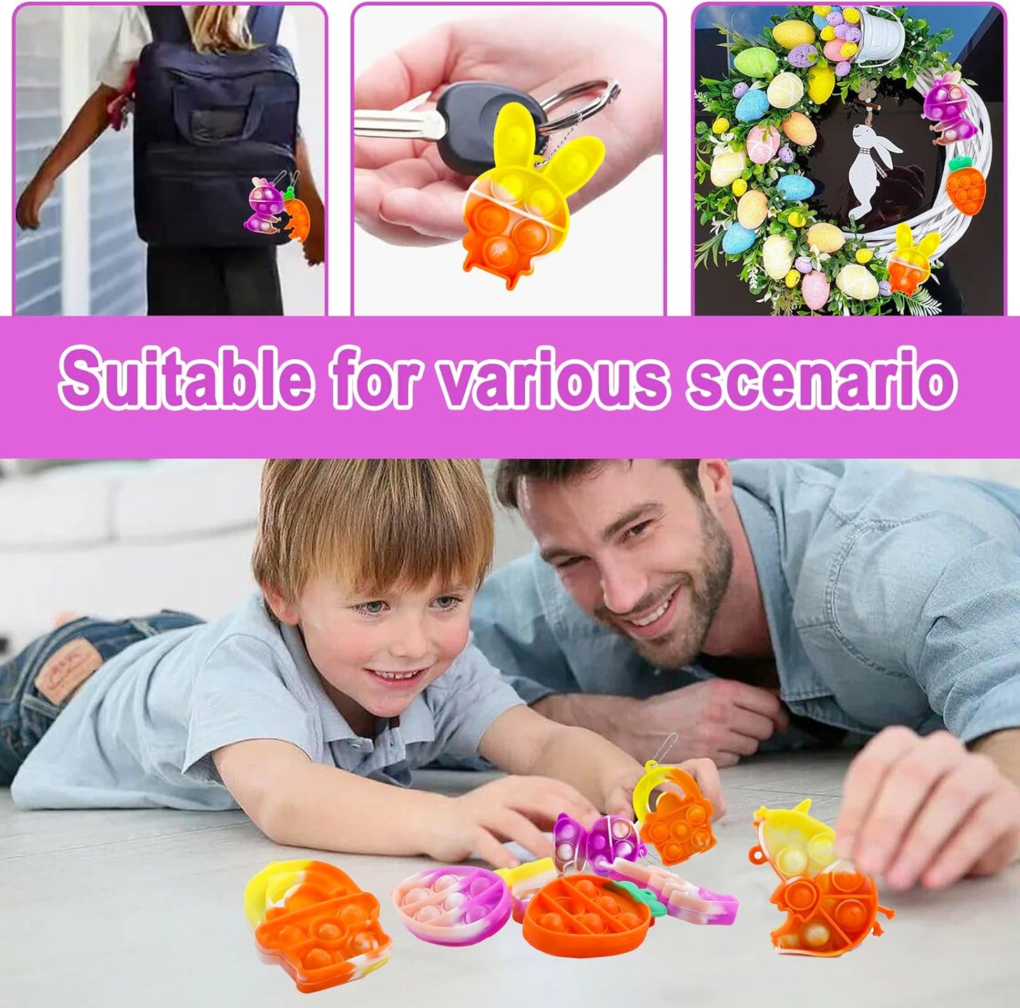 24Pcs Easter Mini Pop Keychain,Mini Easter Fidget Sensory Simple Pop Toys for Easter Basket Stuffers, Egg Fillers Gifts, Easter Hunt Party Favors for Kids Boys Girls Teens