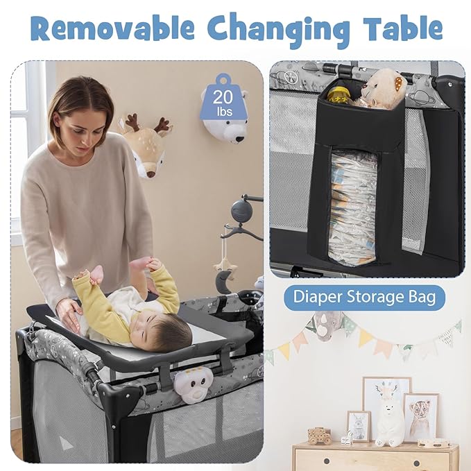 HONEY JOY Pack and Play, 4 in 1 Portable Baby Playard with Bassinet, Changing Table, Lockable Wheels, Music Box, Foldable Travel Baby Crib Nursery Center from Newborn to Toddler (Dark)