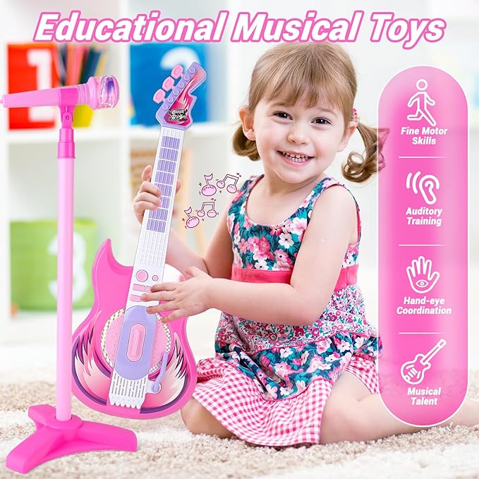 deAO Kids Guitar and Microphone Play Set with Stand for Girls, Musical Guitar Play Set, Adjustable Height Guitar Toys Karaoke Music Toys Birthday Gifts for Kids Boys Girls Toddlers
