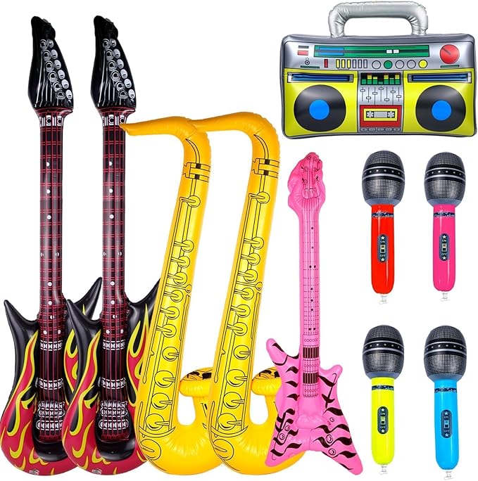 10pcs Inflatable Instruments Party Props Rock Star Toy Set Inflatable Saxophone Bass Rock Microphone Rock Electric Guitar Recorder Suitable for Various Music Parties(Versatile Style)